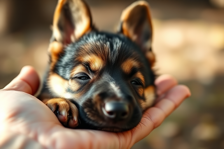 A close-up photograph of a German Shepherd puppy resting in an open hand, soft natural lighting, shallow depth of field with bokeh effect, taken with a DSLR camera at f/1.8, ISO 200, 1/100 sec, with a warm monochrome filter for an artistic touch.