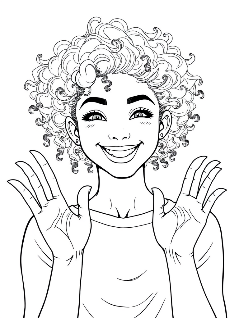 Create a highly detailed line art illustration of a cheerful young woman with curly hair, winking and giving an "OK" sign, against a plain background, captured with a DSLR camera at 50mm, f/1.8, ISO 100, in natural light, with a focus on sharp lines and crisp details.