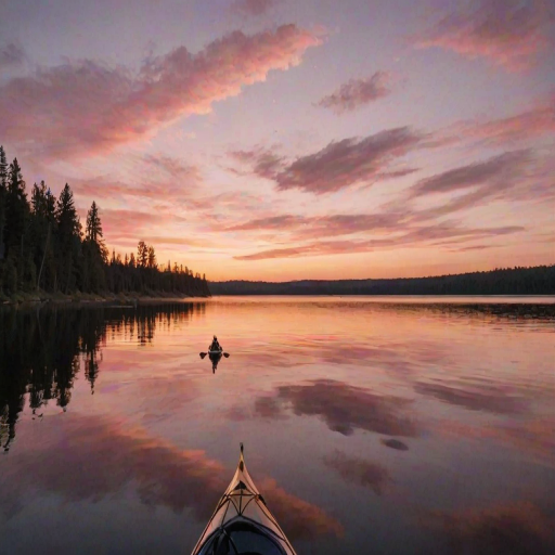 Peaceful lakeside scene at sunset, with a couple kayaking, the sky reflecting shades of pink and gold on the water, and the sounds of nature enveloping them.