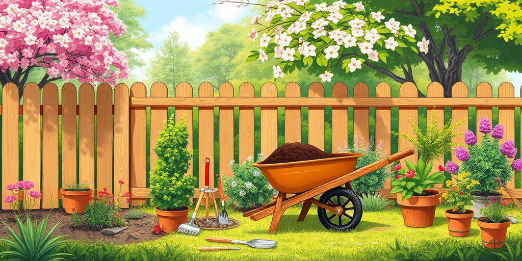 Create a vibrant illustration of a garden scene featuring a wooden fence, blooming trees, a wheelbarrow filled with soil, various gardening tools, and pots of flowers, captured in high resolution with a DSLR camera at f/8 aperture, 24mm lens, and bright natural lighting.