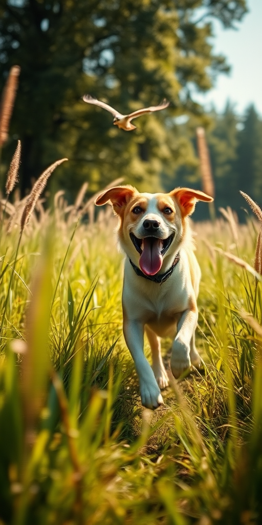 Blurry, fast-paced photo of a dog running through a field of tall grass, tongue hanging out, joyful expression on its face, sunlight filtering through the trees, distant birds flying overhead, shadows dancing on the ground.