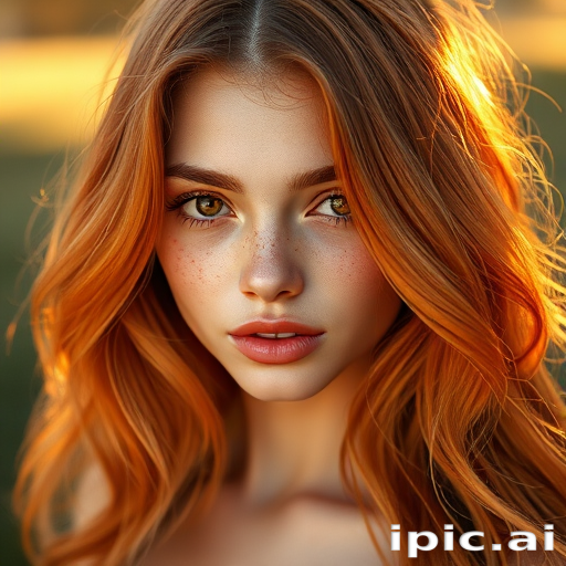 Radiant copper waves cascade down her shoulders, framing a delicate face with sun-kissed freckles, the "Autumn Sunset" style exuding warmth and vibrancy