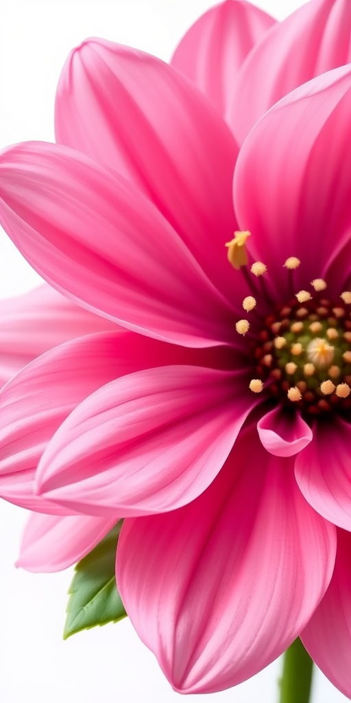 Create a high-resolution illustration of a stylized flower with soft pink petals and green leaves, using a macro lens effect, ISO 100, aperture f/2.8, and a 50mm lens to achieve a crisp, vibrant aesthetic against a plain background.