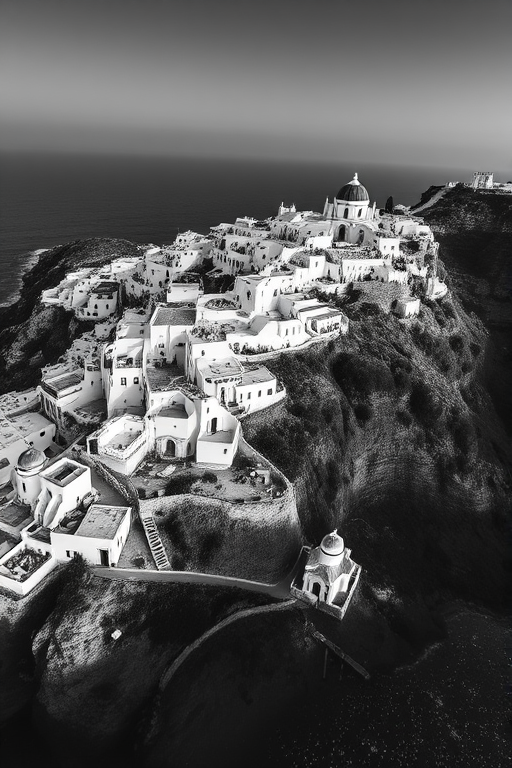 Aerial view of whitewashed buildings on a cliffside overlooking the ocean, captured with a DSLR camera at f/8, ISO 100, 1/200 sec, using a wide-angle lens to enhance depth and detail in high contrast black and white.