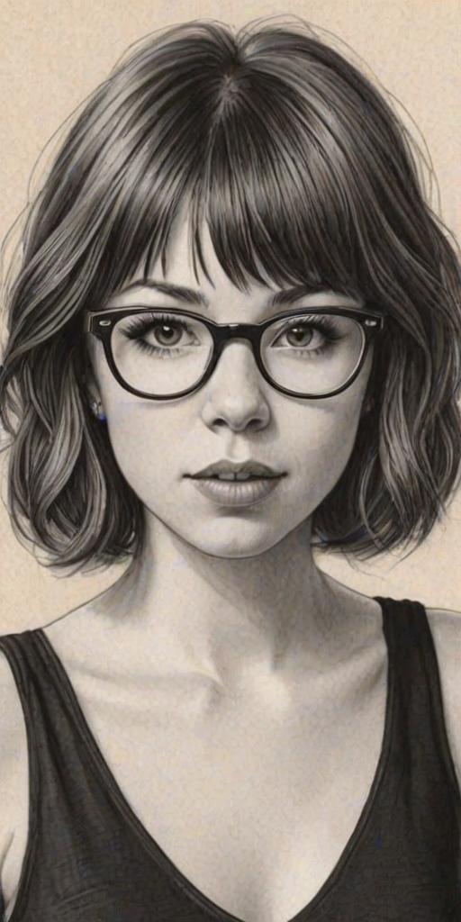 Graceful Carly Rae Jepsen, pencil sketch, portrait of Gorgeous woman 1923s in glasses, hair style beatnik, outline, clear lines, fine lines, 8k