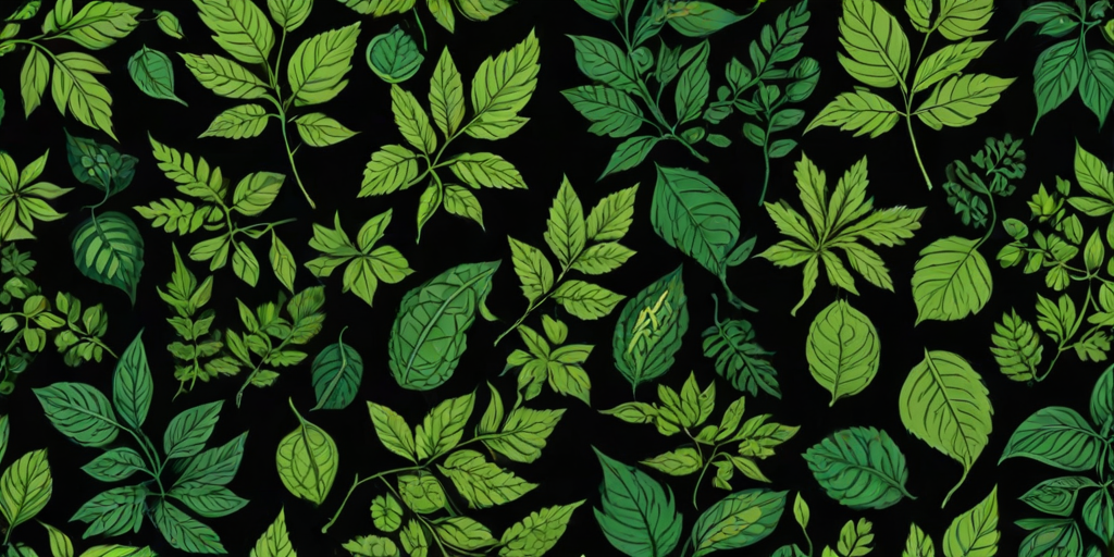 create a seamless pattern of various green leaves with intricate designs on a black background