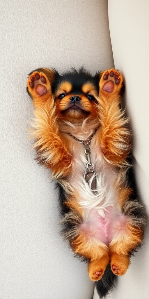 Create an image of a small fluffy dog lying on its back on a light colored couch with its paws in the air showcasing its playful and relaxed demeanor. The dog's fur should be a mix of brown and black with a cute expression on its face.