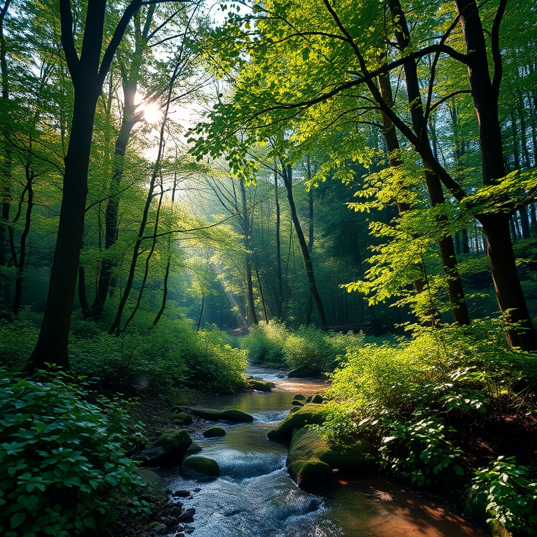 Generate an image of a lush green forest with sunlight filtering through the trees, vibrant foliage, and a calm stream running through it, taken with a DSLR camera at f/5.6 aperture, ISO 200, 1/250 sec shutter speed, in landscape orientation, with a wide-angle lens for enhanced depth and detail.