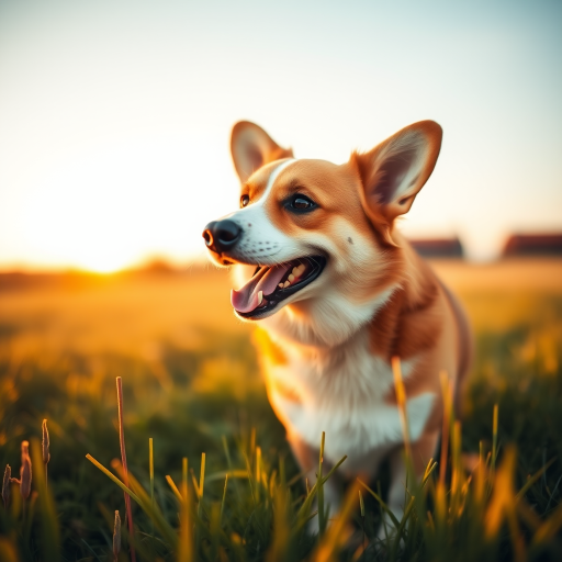 Generate an image of a happy corgi standing in a grassy field during golden hour, focus on the dog's expressive face, shallow depth of field, 50mm lens at f/2.8, ISO 200, 1/250 sec shutter speed, captured with a DSLR camera.