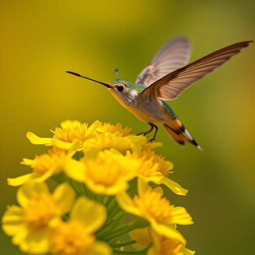 macro shot of a hummingbird moth hovering over yellow flowers with a blurred background, f/2.8, ISO 100, 1/200s, 85mm lens, soft natural light, DSLR camera