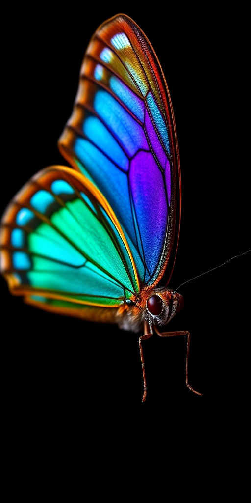 macro shot of a vibrant butterfly with turquoise and purple patterns on a black background, using a 100mm macro lens, aperture f/2.8, ISO 100, 1/250s shutter speed, soft diffused lighting, taken with a DSLR camera