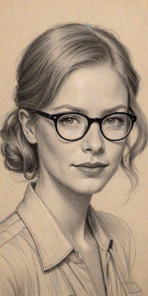 Beauteous Jesse Tyler Ferguson, pencil sketch, portrait of Pleasing woman 1924s in glasses, hair style beatnik, outline, clear lines, fine lines, 8k