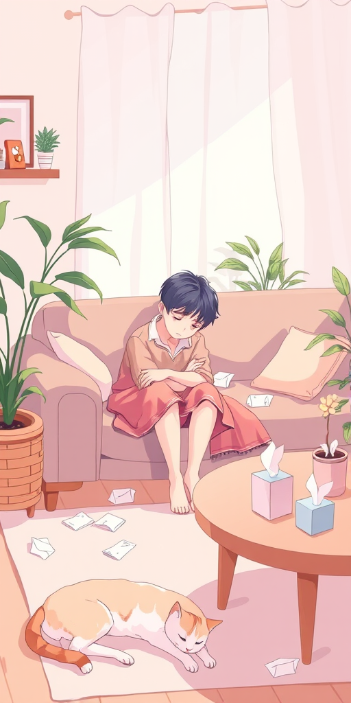 illustrate a cozy living room scene featuring a person sitting on a couch with a blanket, holding their knees with a sad expression, surrounded by tissues, a cat sleeping on the floor, a coffee table with tissues, and potted plants in a soft pastel color palette, shot with a DSLR camera at 50mm f/1.8 aperture, ISO 100, with soft natural lighting for enhanced detail and warmth, in a slightly elevated angle for a balanced composition