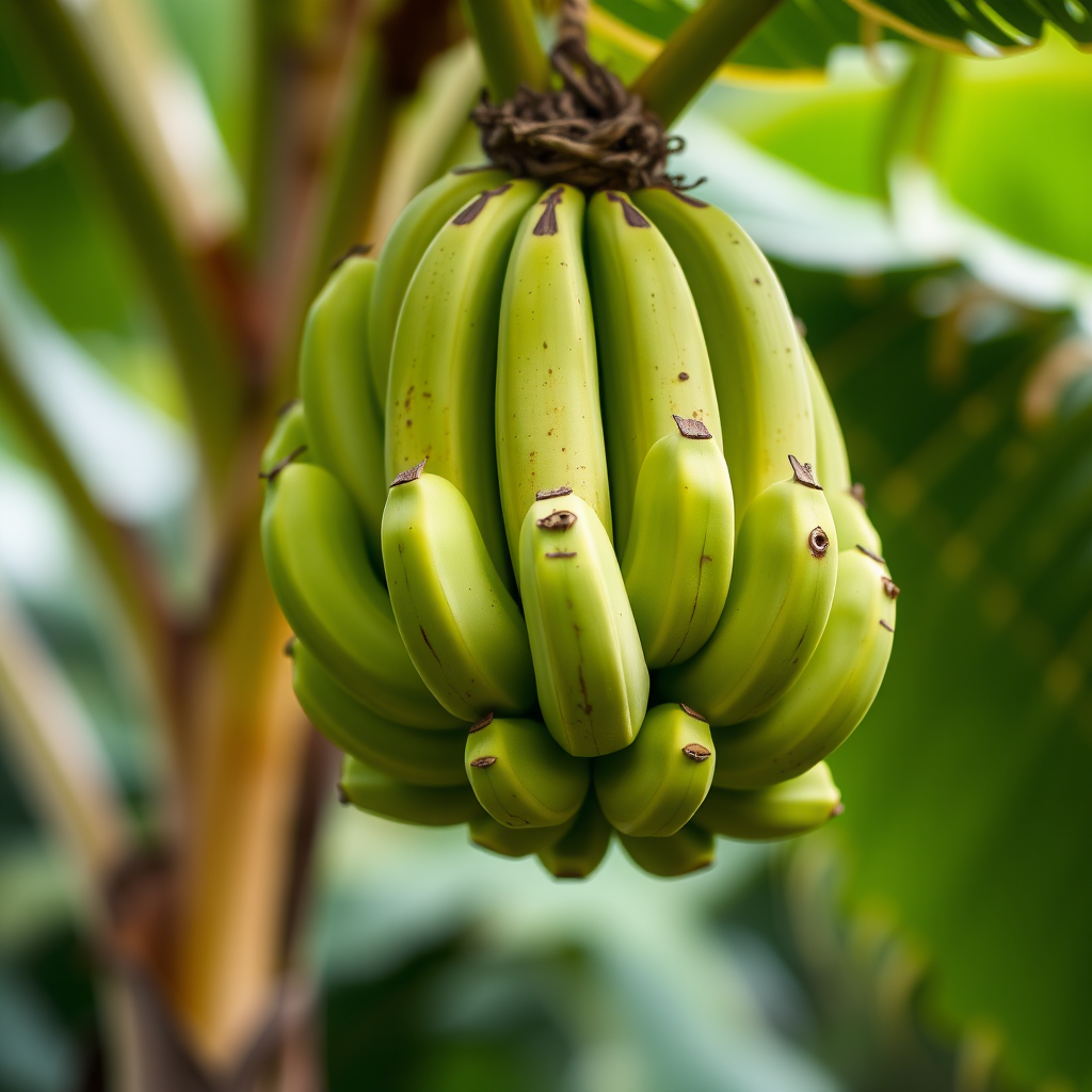 Capture a close-up shot of a cluster of green bananas hanging on a tropical plant, with a shallow depth of field, using a DSLR camera at f/2.8, ISO 100, 50mm lens, natural light, with a soft focus background for enhanced image quality.