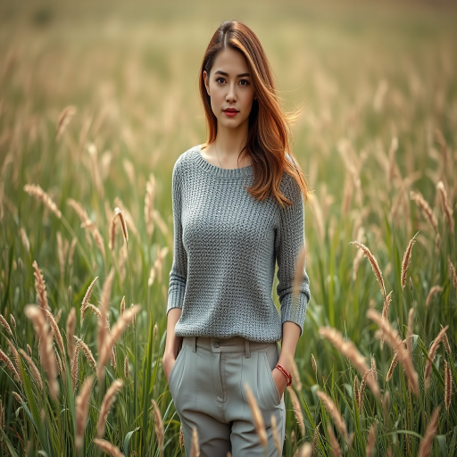portrait of a woman in a field of tall grass wearing a knitted top and neutral pants, natural lighting, shallow depth of field, 50mm lens, f/1.8, ISO 100, captured with a DSLR camera, vibrant colors