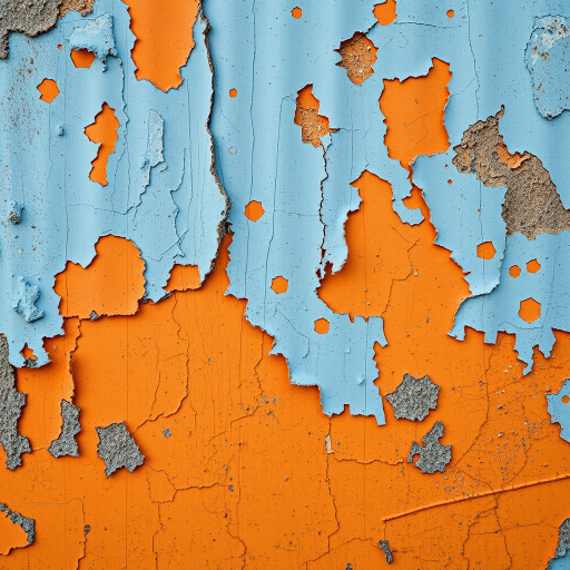 Create a high-resolution image of a weathered wall with peeling orange and blue paint, using a Canon EOS 5D Mark IV, 50mm lens, f/8 aperture, ISO 100, and a shallow depth of field for enhanced texture and detail.