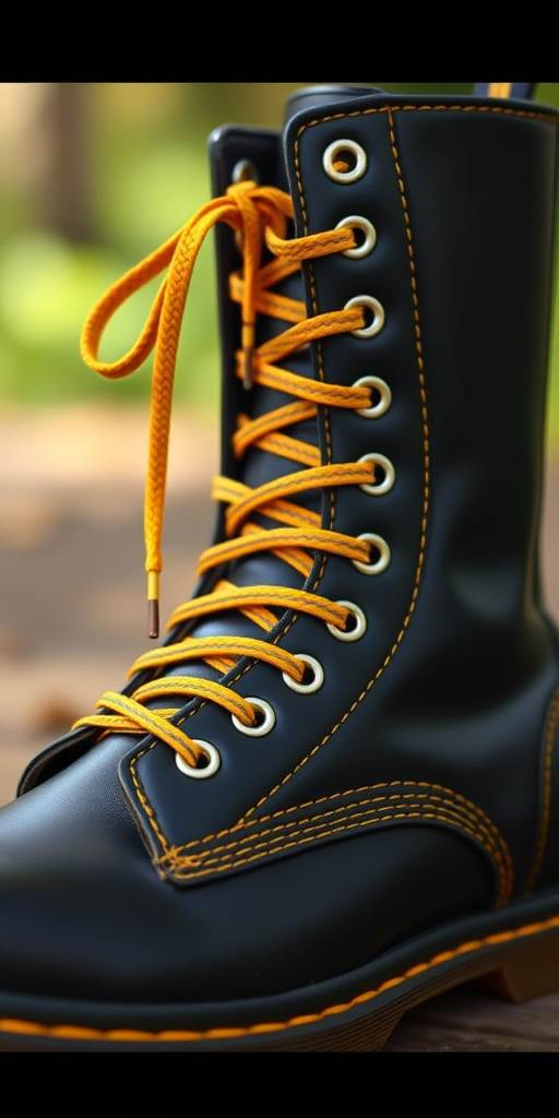 Create a high-resolution image of a black boot with yellow laces and stitching from a side view using a DSLR camera at f/2.8 aperture, ISO 100, 50mm focal length, and natural lighting for enhanced clarity and detail.