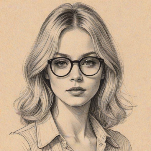 Elegant Emily Alyn Lind, pencil sketch, portrait of Pleasing woman 1978s in glasses, hair style beatnik, outline, clear lines, fine lines, 8k