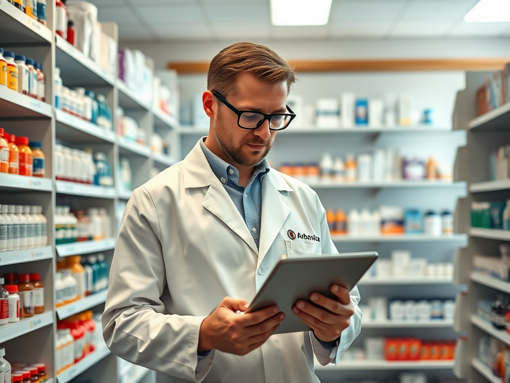 Create a detailed image of a male pharmacist in a modern pharmacy, wearing a lab coat and glasses, engaged with a tablet, shelves filled with various medications and products in the background, shot with a Canon EOS R5, 50mm lens, f/1.8 aperture, ISO 200, natural lighting for a soft and professional ambiance.