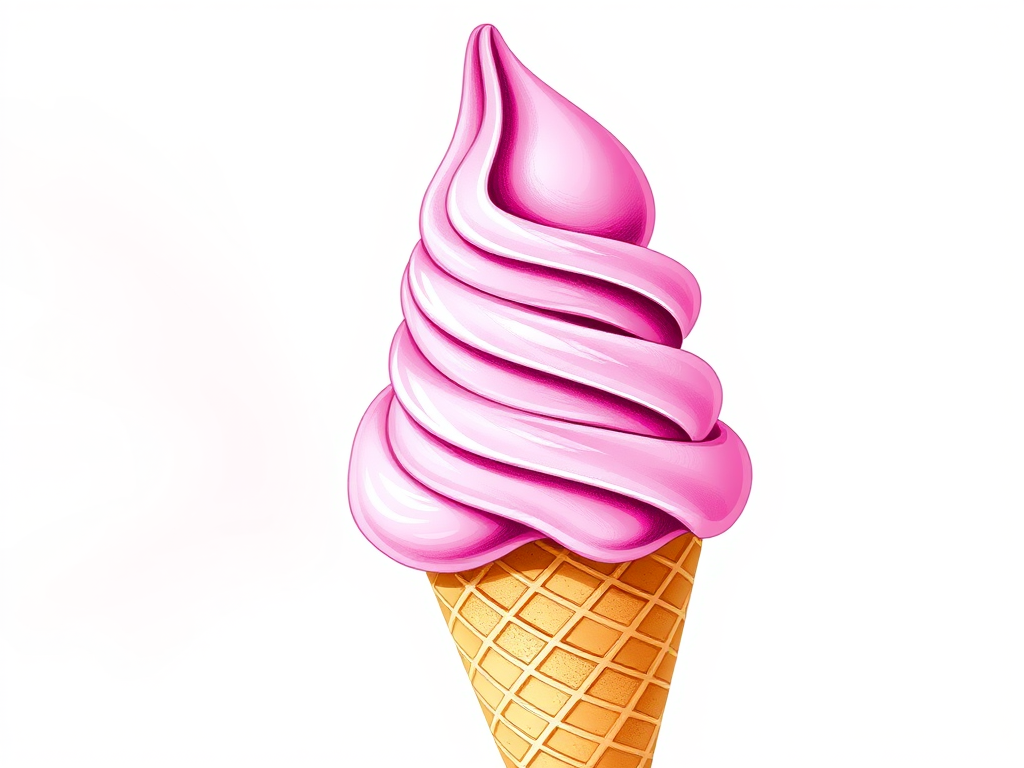 Create a vibrant and detailed illustration of a pink ice cream cone, using a digital drawing style, with a focus on smooth textures and shading, shot with a high-resolution digital camera at f/2.8 for a shallow depth of field, ISO 100, 24mm lens, and in natural light to enhance colors and textures.
