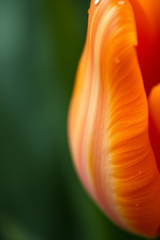 macro shot of a close-up orange tulip with intricate petals and water droplets, shallow depth of field, ISO 100, f/2.8, 1/250s, 85mm lens, Sony A7R IV, natural light