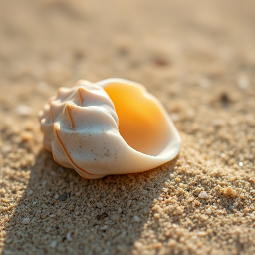 A close-up shot of a sea shell on sandy beach, using a DSLR camera, 50mm lens, aperture f/2.8, shutter speed 1/200s, ISO 100, natural daylight, shallow depth of field.