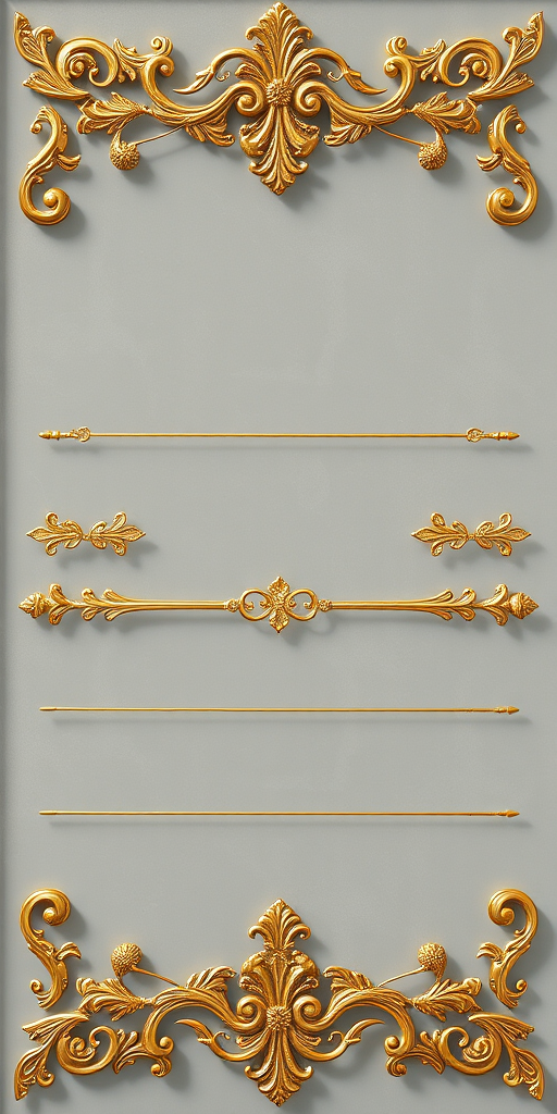 create a detailed illustration of ornate golden decorative flourishes and dividers on a transparent background, shot with a DSLR camera at f/2.8 aperture, ISO 100, 50mm lens, using natural light to enhance the intricate details and textures, high-resolution, top-down view