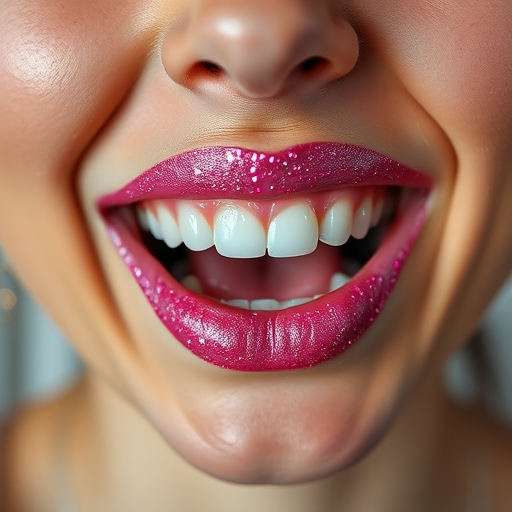 Playful woman lips decorated with glittery pink sparkles, full face image showcasing youthful exuberance and infectious joy