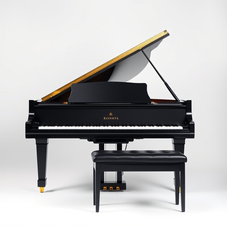 high-quality image of a black grand piano with a matching bench, side view, soft studio lighting, ISO 100, f/2.8 aperture, 50mm lens, DSLR camera