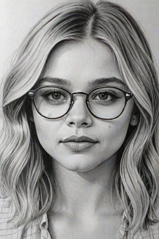 Gorgeous Chloe Grace Moretz, pencil sketch, portrait of Ravishing woman 1975s in glasses, hair style beatnik, outline, clear lines, fine lines, 8k