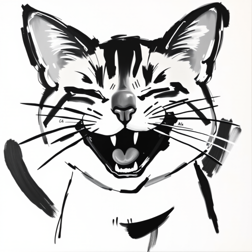 Abstract black and white acrylic portrait of an over exaggerated laughing (cat). Minimalism style. White background.