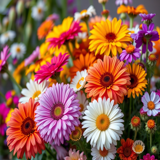 Capture a vibrant arrangement of mixed flowers in full bloom, using a macro lens with a 50mm focal length, aperture set to f/2.8 for a shallow depth of field, ISO 100, and natural lighting, ensuring rich colors and crisp detail against a soft focus background.