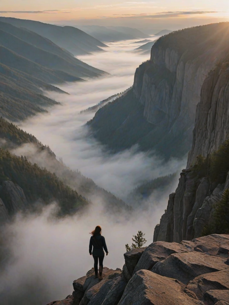 Mountain overlook at dawn, with mist rolling over the valley below, a woman stands at the edge of the cliff, her breath visible in the cool morning air.
