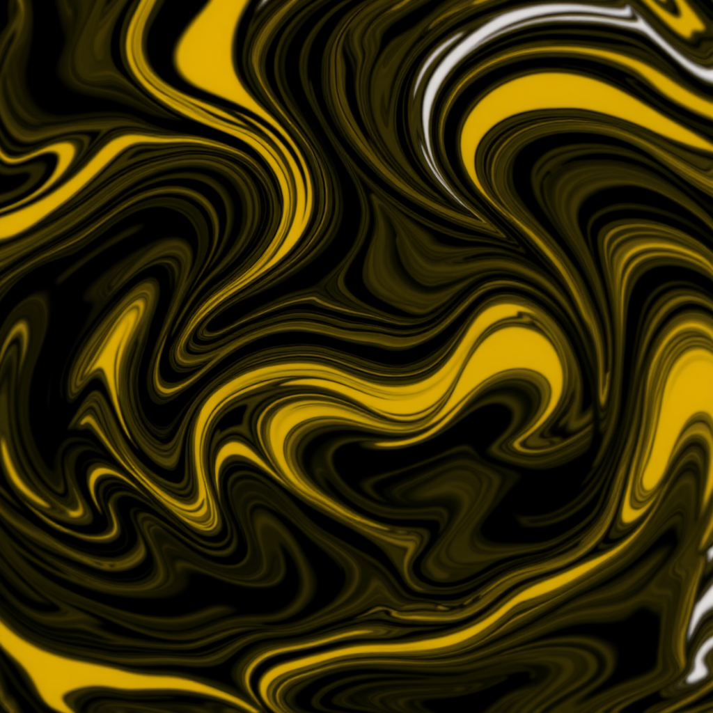 Create an abstract image featuring swirling patterns of black, yellow, and white colors, using a DSLR camera, aperture set to f/8, ISO 100, 24mm lens, with a shallow depth of field and soft focus for smooth texture.