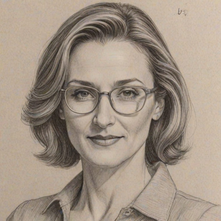 Lovely Brenda Strong, pencil sketch, portrait of Enchanting woman 1979s in glasses, hair style beatnik, outline, clear lines, fine lines, 8k