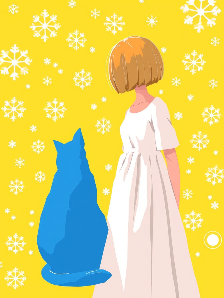 Create an illustration of a person with a bob haircut wearing a white dress standing in front of a bright yellow background filled with white snowflakes, with a blue cat sitting beside them, captured using a DSLR camera with a 50mm lens, f/1.8 aperture, ISO 100, and a shallow depth of field for soft background blur, in a vibrant, minimalist style.