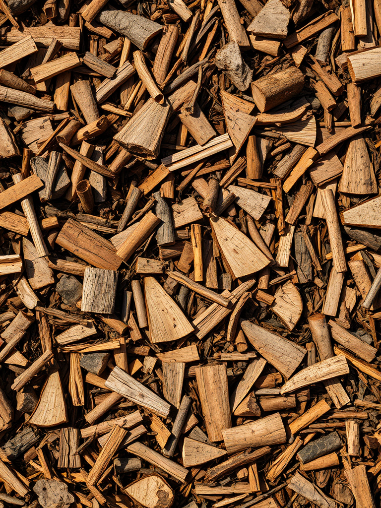 Close-up shot of wood mulch on the ground, taken with a DSLR camera at f/5.6 aperture, ISO 100, 50mm lens, in natural light, overhead view, with high dynamic range for enhanced texture detail.