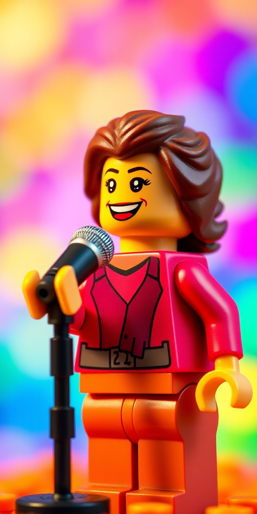 A colorful background featuring a smiling female LEGO figure singing into a microphone, captured with a Canon EOS 5D Mark IV, 50mm lens, f/2.8 aperture, ISO 100, 1/200 sec shutter speed, shallow depth of field.