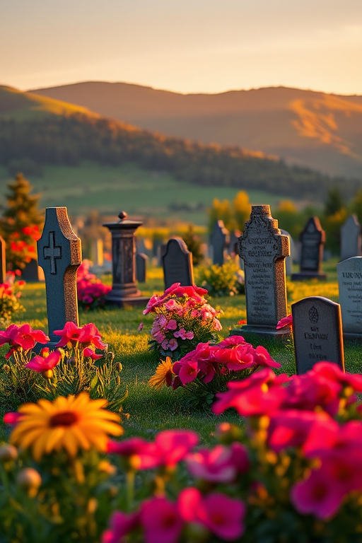 Capture a serene graveyard scene at golden hour with tombstones among vibrant flowers and lush hills in the background, using a Canon EOS R5, 35mm lens, f/2.8 aperture, ISO 100, and a shallow depth of field for enhanced background blur.