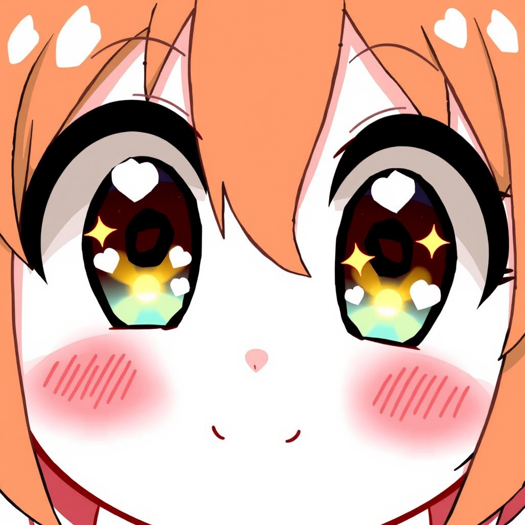 Create an illustration of a cute anime face with large, sparkling eyes featuring orange highlights. The face should have rosy cheeks and convey a joyful, lively expression. The style should be bright and cheerful, capturing the essence of kawaii art.