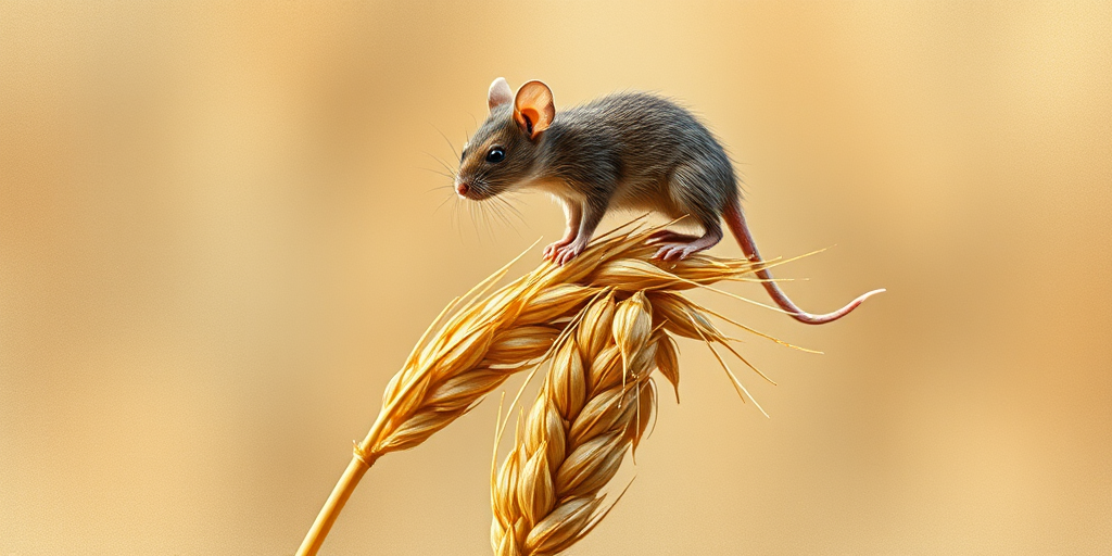 Soft, muted Alcohol Ink with ebru effect background image of tiny whimsical rat, who climbed high on the top of a golden rye ear.