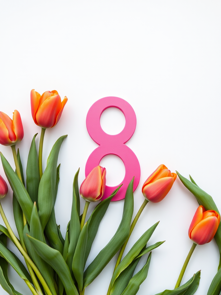 regenerate an image of a large number 8 in hot pink with vibrant tulips in various shades of pink and orange creatively arranged around it, using a DSLR camera with a 50mm lens at f/2.8, at a shallow depth of field, soft natural lighting, and a clean white background for enhanced clarity and color contrast