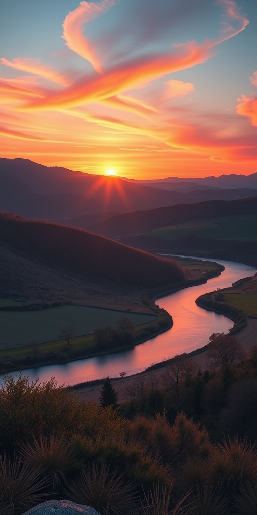 Create a high-resolution digital illustration of a peaceful landscape at sunset featuring rolling hills, a vibrant sky with shades of orange and pink, and a calm river reflecting the colors; use a DSLR camera with a 24mm lens, aperture set to f/8, ISO 100, and capture from a slight elevation viewpoint to enhance depth.