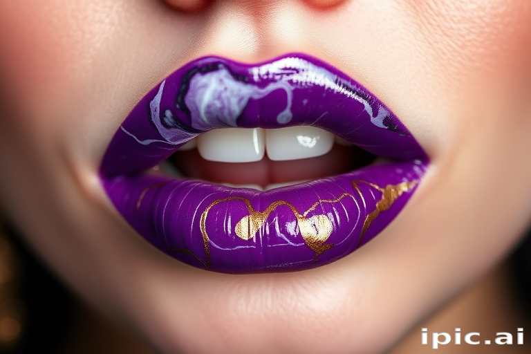 Vivid purple lips with marble swirls in white and gold, called "Amethyst Aura," feature a high-shine finish and subtle duochrome effect for luxurious evening events