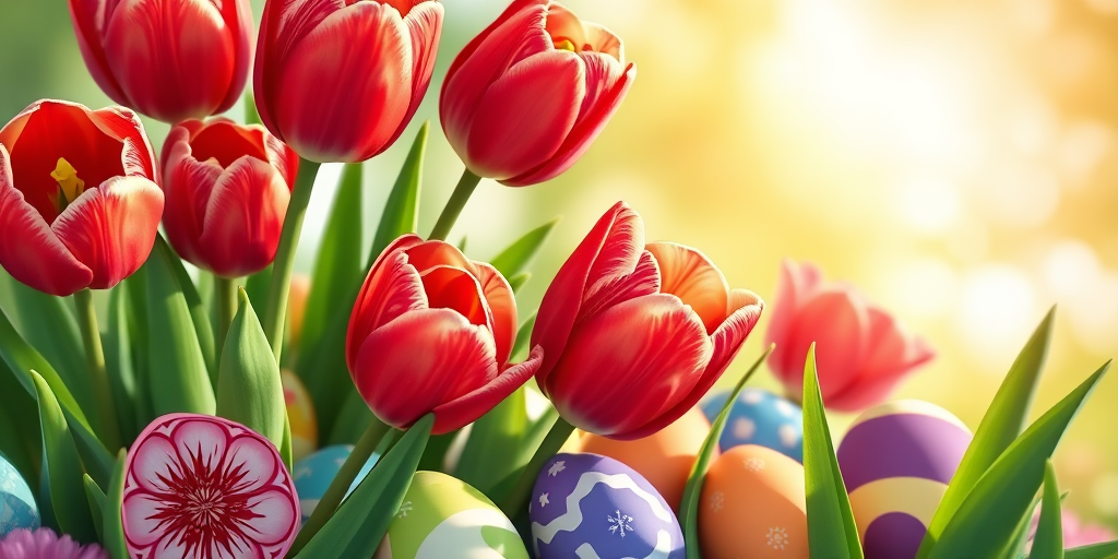 create a vibrant illustration of a bouquet of red tulips with intricate patterns nestled beside colorful Easter eggs under a bright sunbeam, using a DSLR camera with a 50mm lens at f/2.8, ISO 100, and a shallow depth of field for enhanced detail and clarity.