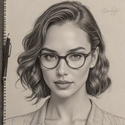 Sublime Gal Gadot, pencil sketch, portrait of Ravishing woman 1934s in glasses, hair style beatnik, outline, clear lines, fine lines, 8k