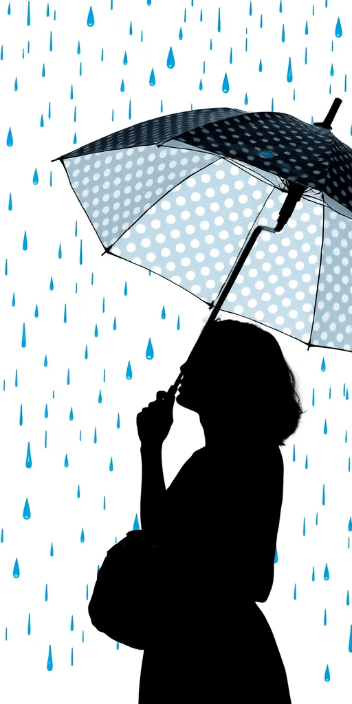 A silhouette of a woman holding a polka-dotted umbrella against a white background with falling blue raindrops, shot with a DSLR camera, aperture f/4, shutter speed 1/200 sec, ISO 200, using a wide-angle lens and a soft focus effect.