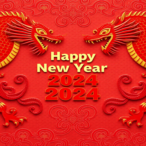 Create a vibrant New Year greeting card featuring two intricate red dragons on either side, with "Happy New Year 2024" prominently displayed in the center, using a Canon EOS R5 camera, aperture f/4, ISO 100, 50mm lens, vibrant colors and high contrast settings for enhanced clarity and detail.