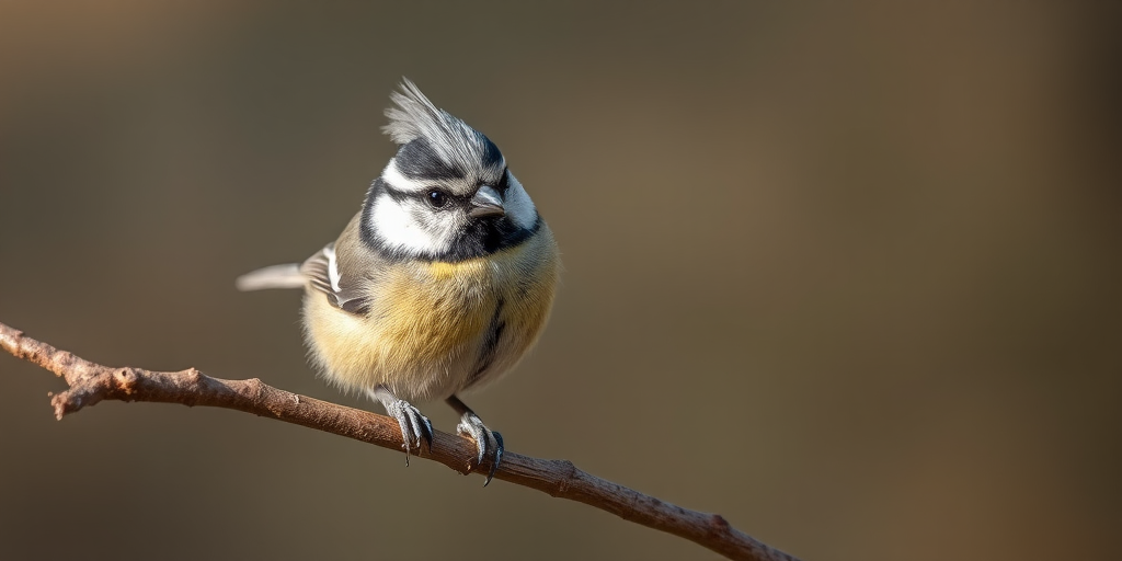 Capture a close-up of a crested tit perched on a branch with a soft background, using a Canon EOS R5, 85mm lens, aperture f/1.8, ISO 200, shutter speed 1/500 sec, in natural light for enhanced detail and clarity.