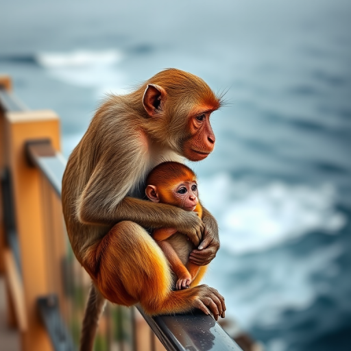 Capture a serene image of a mother monkey cradling her baby on a railing overlooking the ocean, using a Canon EOS R5 with a 50mm lens, aperture f/2.8, ISO 200, shutter speed 1/500s, natural light, focus on the subjects with a soft background blur.